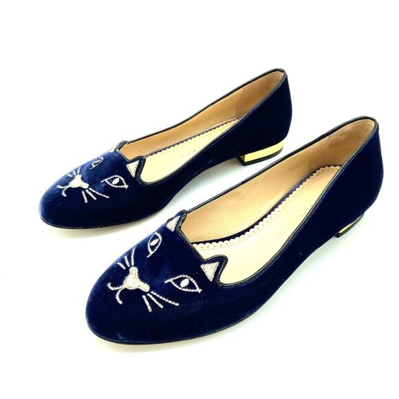 Charlotte Olympia Kitty Cat Navy Blue Velvet Flats Loafers Gold, EU 39 US 8.5-9 - Picture 2 of 12